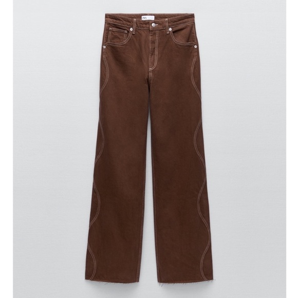 Zara High Rise Wide Leg Brown Denim Jeans With Wavy Stitching - 4 - Picture 7 of 10